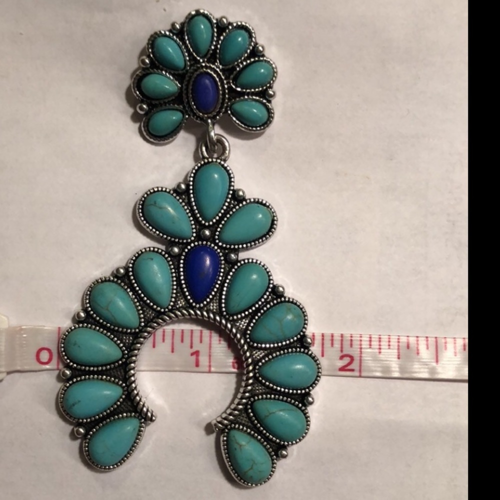 SOLD OUT 🎁 LAST PAIR~ SILVER SQUASH BLOSSOM TURQUOISE & BLUE EARRINGS  3” LONG - Picture 3 of 7